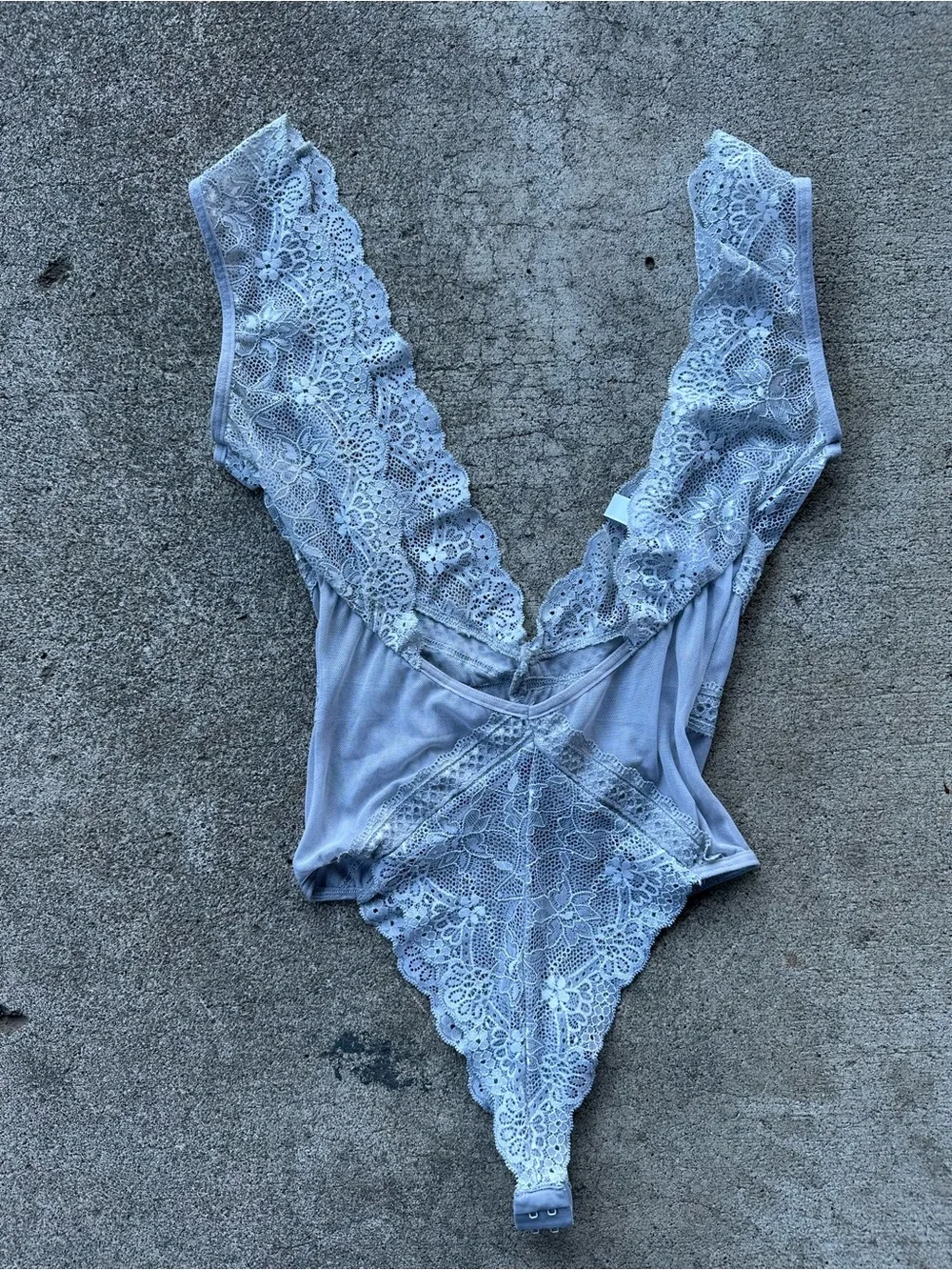 Mapale Blue Lace Plunge V Neck Bodysuit